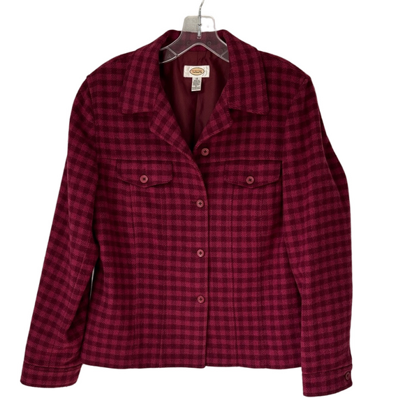Talbots Jackets & Blazers - Talbots Burgundy and Pink Checked Wool Blend Jacket Cuffed Sleeves Size 12